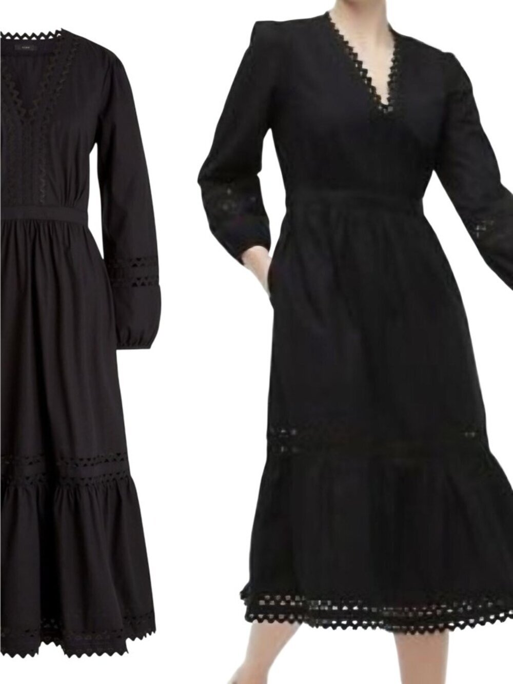 J.Crew Black Ric-Rac Trim Ruffled Balloon Pockets Peasant Midi Dress Size XS
